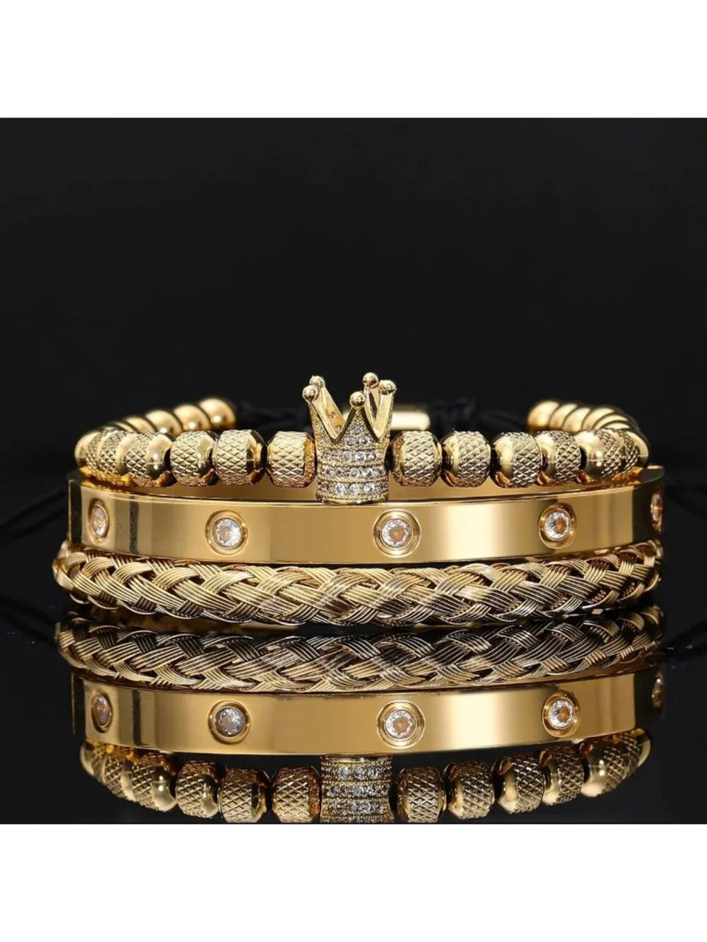 3PCS Adjustable Gold Stainless Steel Crown Bracelets for Men - Luxury Roman